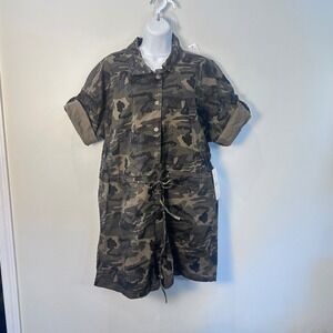 AMERICAN BAZI Camo Twill Romper Olive Camo Size 1X Button Front Drawstring Waist